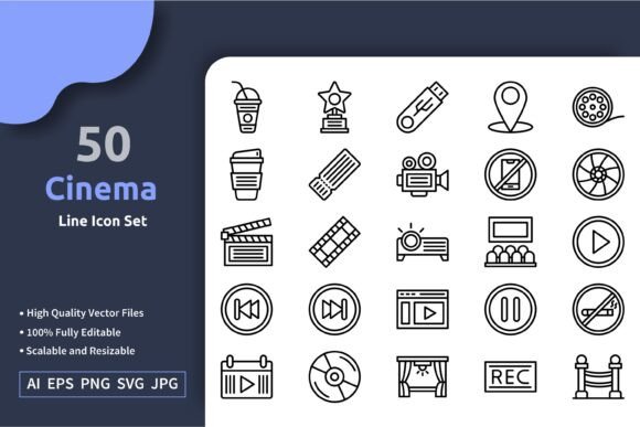 Download 50 Vector Cinema Line Icon Set - Vector Collection